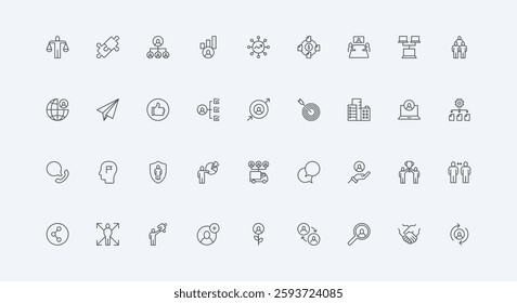 Human resources, business meeting and training thin black outline symbols vector illustration. Enterprise cooperation and communication of employees, partnership, team project line icon set