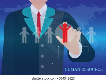 Human resources, business, technology, internet, networking and recruitment conceptual, businessman pressing button on virtual screens, vector illustration.