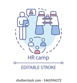 Human Resources Camp Concept Icon. Summer Corporate Club, Community Idea Thin Line Illustration. Company, Business Employee Bootcamp. Vector Isolated Outline Drawing. Editable Stroke