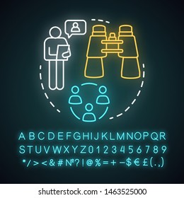 Human resources camp neon light concept icon.  Summer corporate club, community idea. Company, business employee bootcamp. Glowing sign with alphabet, numbers and symbols. Vector isolated illustration