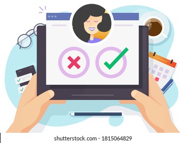Human resources candidate choose poll vote in hr manager hands vector, employee recruitment online concept flat cartoon, people select or search, hiring decision process or career talent find idea