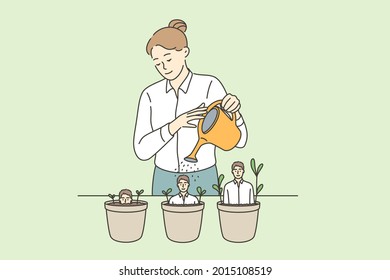 Human resources and career concept. Young woman recruiter cartoon character standing watering pots with growing business man inside vector illustration 