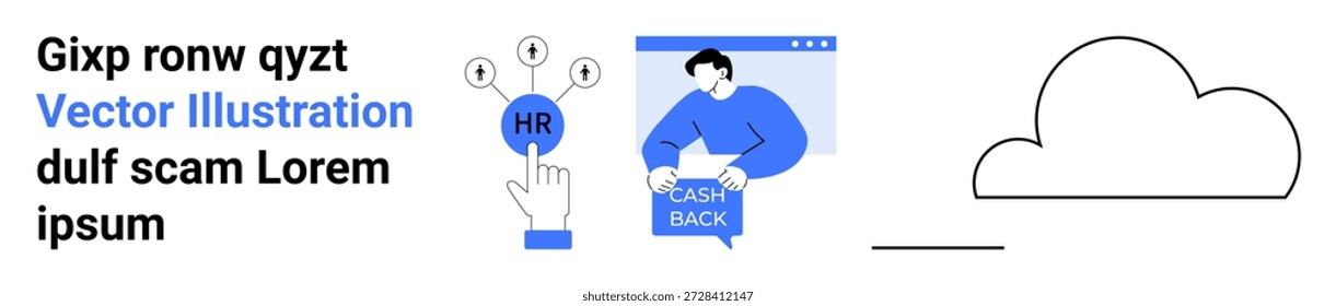 Personalwesen, Cashback-Prämien, Cloud-Speicher, Technologieintegration, digitale Dienstleistungen, Teamwork-Konzepte. Hand Auswahl HR, Cashback-Webseite Cloud-Symbol. Personalmanagement und Cashback-Prämien