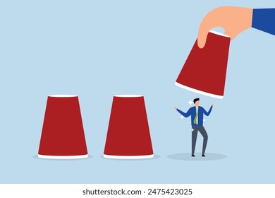 Human resources choosing candidate, the employer's hand raises  designated cup to select businessman candidate from among cups in the guessing game.