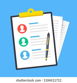 Human resources. Clipboard with list of people, pile of papers, documents and pen. Business concept. Flat design. Top view. Vector illustration