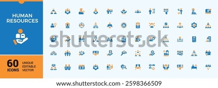 Human Resources colorful icons set in filled style. Related to job, recruitment, person, resources, hr, man, people, employee. Flat icon. HR solid icons.
