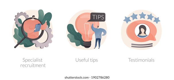 Human resources company abstract concept vector illustration set. Specialist recruitment, useful tips and testimonials, headhunting, professional advice and coach tips, feedback abstract metaphor.