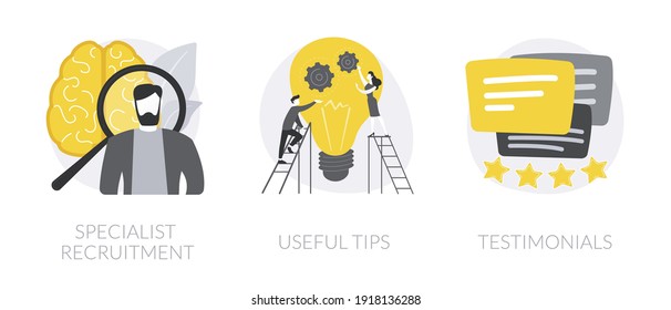 Human resources company abstract concept vector illustration set. Specialist recruitment, useful tips and testimonials, headhunting, professional advice and coach tips, feedback abstract metaphor.