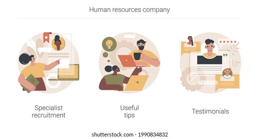 Human resources company abstract concept vector illustration set. Specialist recruitment, useful tips and testimonials, headhunting, professional advice and coach tips, feedback abstract metaphor.