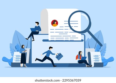 Human Resources concept, filling resume, hiring employees, people filling forms, Recruitment for web page, banner, presentation, social media, document, card, poster. Vector illustration.