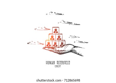 Human resources concept. Hand drawn cubes with a symbolic image of people on hand. Team of employees isolated vector illustration.
