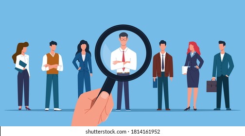 Human resources concept. Hand with magnifying glass chooses candidate from group for employment. Team recruitment hiring of workers. Future competitive career choice process concept, vector flat concept
