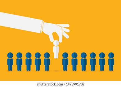 Human resources concept. Hand picking up a candidate, Vector business 