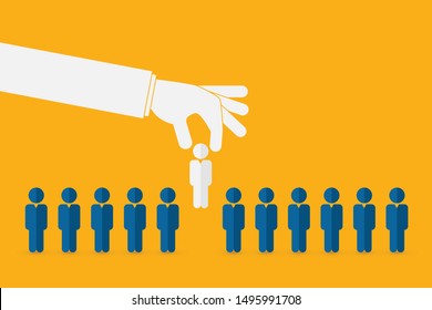 Human resources concept. Hand picking up a candidate, Vector business 