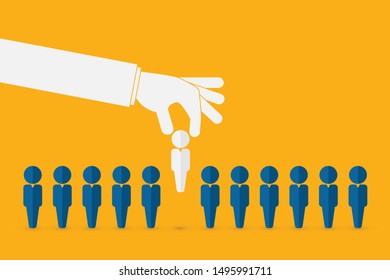 Human resources concept. Hand picking up a candidate, Vector business 