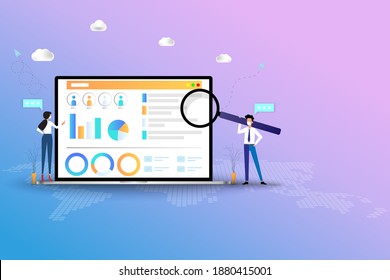 Human Resources Concept, HR manager and staff are working on a big screen of laptop to recruit a new staff or analyze a performance of employee in blue and pink shade color background.