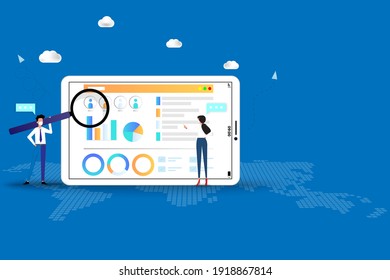 Human Resources Concept, HR manager and staff are working on a big screen of tablet to recruit a new staff or analyze a performance of employee in blue color background.