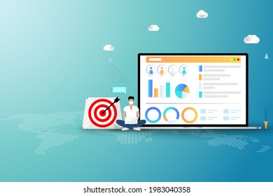 Human Resources Concept, HR manager is working on his laptop to recruit a new staff or analyze a performance of employee in green color background.