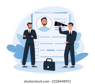 Human resources concept. HR managers with binoculars looking for candidate for vacancy. Staff expansion and recruitment to company. Advertising poster or banner. Cartoon flat vector illustration