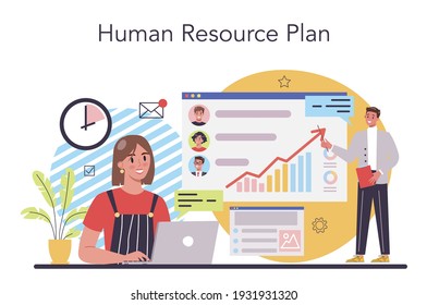 Concepto de recursos humanos. Idea de contratación y gestión de empleo. Planificación y gestión del personal. Ocupación del gerente de recursos humanos. Ilustración vectorial plana