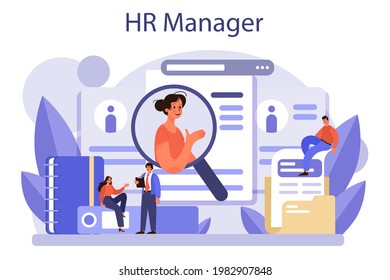 Human resources concept. Idea of recruitment and job management. Teamwork management. HR manager occupation. Flat vector illustration