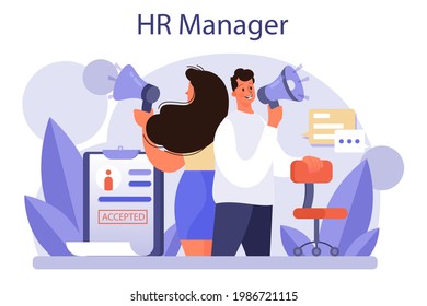 Human resources concept. Idea of recruitment and job management. Teamwork management. HR manager occupation. Flat vector illustration