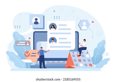 Human resources concept. Idea of recruitment and job management. Personnel planning and management. HR manager looking for a job candidate, checking a cv. Flat vector illustration