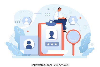Human resources concept. Idea of recruitment and job management. Personnel planning and management. HR manager looking for a job candidate, checking a cv. Flat vector illustration