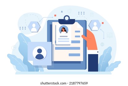 Human resources concept. Idea of recruitment and job management. Personnel planning and management. HR manager looking for a job candidate, checking a cv. Flat vector illustration