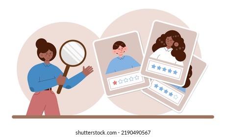 Human resources concept. Idea of recruitment and job management. Personnel planning and management. HR manager looking for a job candidate, checking a cv. Flat vector illustration