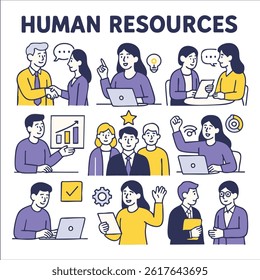 Human resources concept illustration featuring diverse professionals engaging in various activities like discussions, presentations, and teamwork, showcasing collaboration and growth