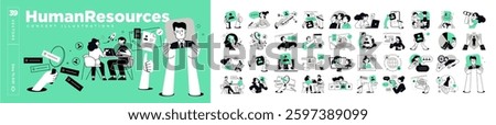 Human resources concept illustrations. Set of people vector illustrations in various activities of employment, career, teamwork, job interview, improvement of business skills, management.