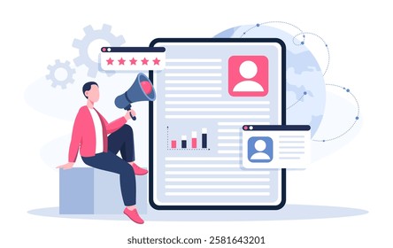 Human resources concept. Man with loudspeaker near resume and employee profile. Headhunting and recruitment, hiring. HR manager evaluates candidate for vacancy. Flat vector illustration
