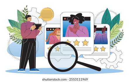 Human resources concept. Man with magnifying glass near resumes of job candidates. HR manager at workplace. Headhunting and recruitment. Flat vector illustration isolated on white background