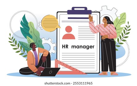 Concepto de recursos humanos. Hombre y mujer cerca de los currículos de los candidatos de trabajo. Gerente de Recursos Humanos en el lugar de trabajo. Headhunting y reclutamiento. Estamos contratando. Ilustración vectorial plana aislada sobre fondo blanco