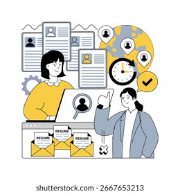 Human resources concept for modern web design. People searching cv online, recruiting international applicants, searching global cooperation, doing job interview to work contract. Vector illustration.