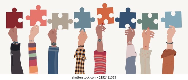 Human resources concept. Raised arms and hand up of multicultural business people holding a jigsaw puzzle piece. Job occupation and employment. Employee recruitment. Candidate