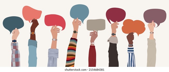 Concepto de recursos humanos. Levantaron las armas y entregaron a gente de negocios multicultural con una colorida burbuja de discursos. Ocupación laboral y empleo. Contratación de empleados. Candidato