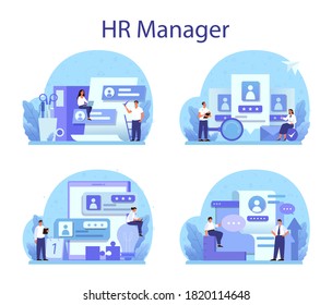 Human resources concept set. Idea of recruitment and job management. Teamwork management. HR manager occupation. Flat vector illustration