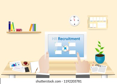 Human Resources concept showing personal manager in his workplace holding tablet with HR Recruitment sign and four blank rectangles ready for your text.