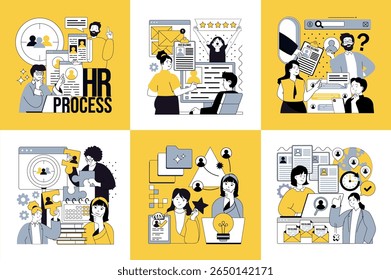 Conceito de recursos humanos de banners de mídia social definidos para web design. Pessoas pesquisando melhor cv, entrevistando candidato on-line, recrutando candidatos, headhunter pesquisando currículo. Ilustrações vetoriais.