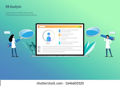 Human Resources Concept, team of HR department are working to analyze the data on the screen of laptop by holding a big magnifying glass to recruit a new staff or analyze a performance of employee.