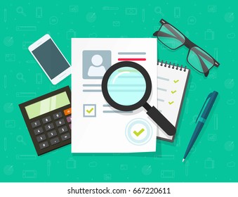 Human resources concept vector illustration: flat cartoon style cv or curriculum vitae document research, personal skill data analyze in resume, searching people for employment, recruitment management