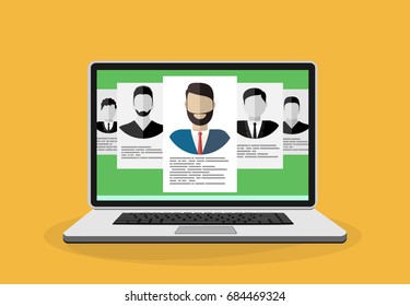 Human resources design. Applying for job at laptop, giving CV, job competition vector concept.