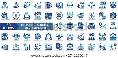 human resources development hrd icon set flat style illustration. containing feedback system, professional development, career pathway, learning initiative, competence building, work environment