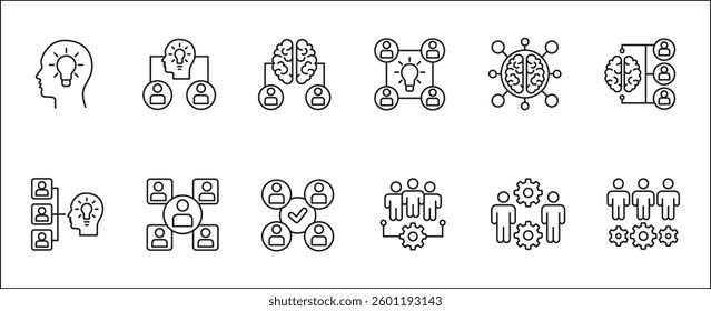 Human resources development icon set. Team or group idea icons. Icons set contains intelligent, smart, problem solving, teamwork, cooperation, brain storming. Vector stock illustration.