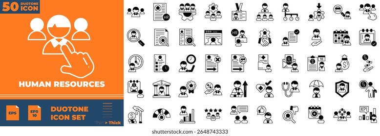 Conjunto de ícones editáveis duotônicos de recursos humanos. Ilustração vetorial em estilo duotônico fino moderno de ícones de recursos humanos: gerente, trabalho em equipe, estratégia, etc