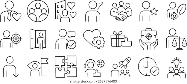 Human resources and employee support line icons. Thin outline illustrations of workplace development, employee benefits, and HR tools.