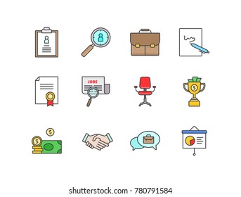 Human Resources, employers recruitment colored line icons set with resume, briefcase, certificate, job search, office chair, money reward, money, handshake, interview, business presentation.