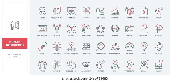 Human resources, employment line icon set. Search and recruit of manager, candidate selection options and skills training, HR vision and strategy thin black and red outline symbols vector illustration